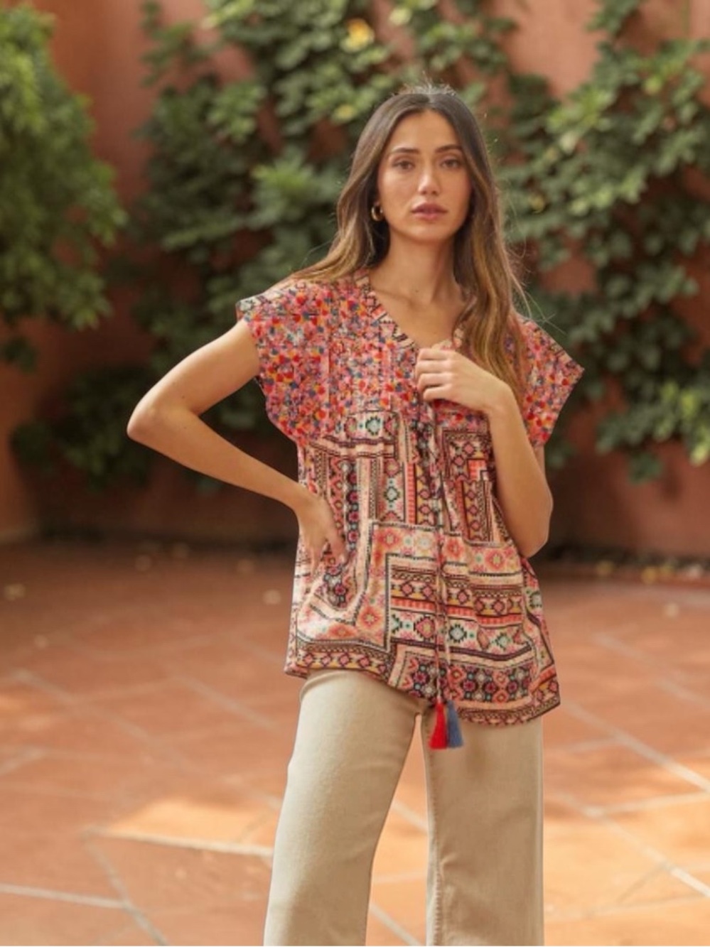 Boho Embroidered Floral Tassel Tie Top in Multi Colors